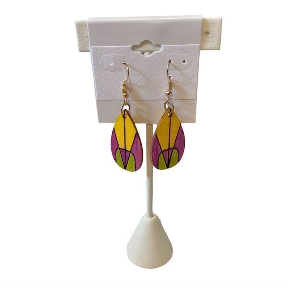 Hand-crafted & painted lightweight wood teardrop shaped Drop earrings. - Picture 2 of 6
